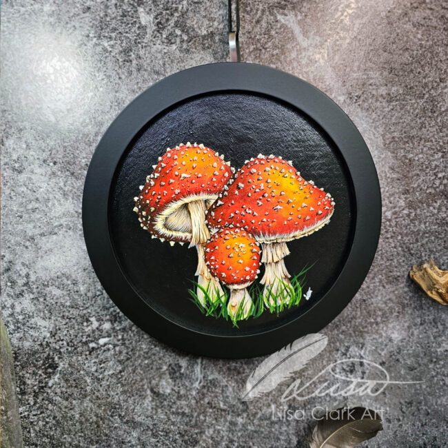 Circular Fly Agaric Toadstool Painting on Canvas Panel Set in a Black Frame by Liisa Clark
