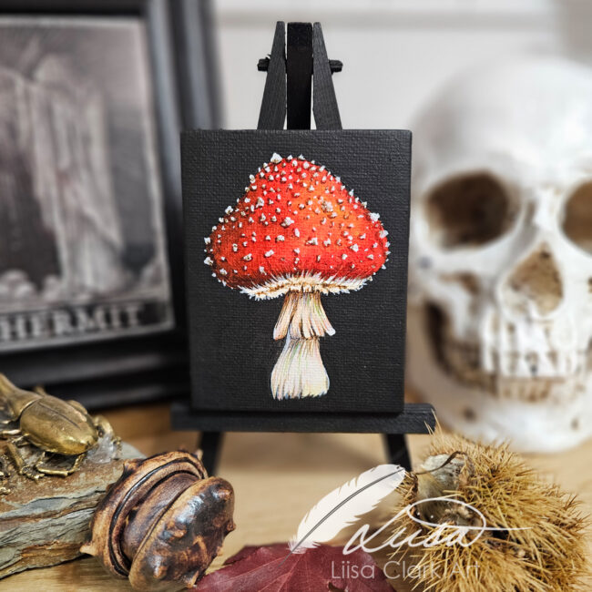 Single Fly Agaric Canvas Painting on Black Canvas sitting on a black easel by Liisa Clark