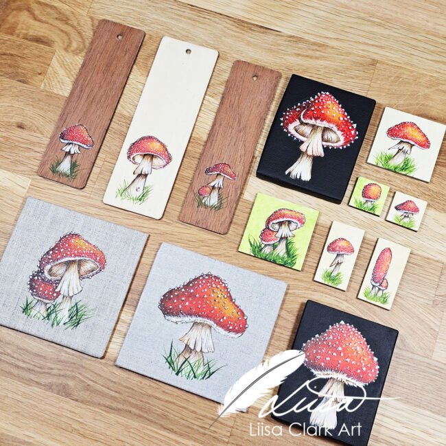Collection of Fly Agaric Toadstool Conker and Acorn Paintings on Wooden bookmarks or miniature Art Panels by Liisa Clark