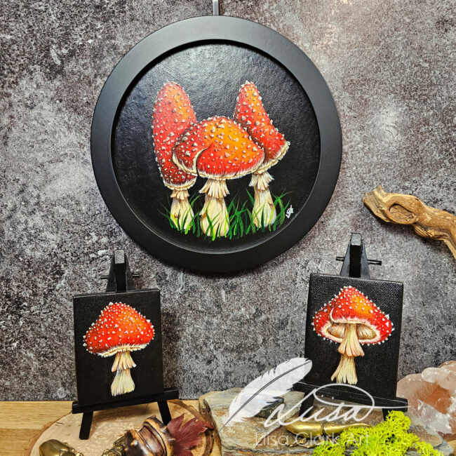 Collection of Fly Agaric Toadstool Canvas Paintings on Black Canvas by Liisa Clark