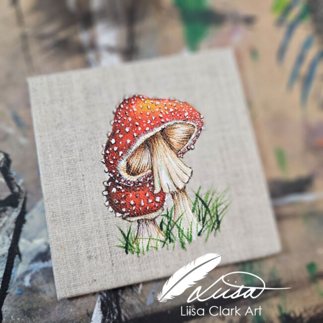 Pair of Fly Agaric Toadstools Painting on a natural Linen canvas panel set in a Contemporary Black Frame by Liisa Clark