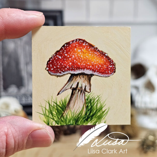 Single Fly Agaric Painting that is part of the Miniature Collectible collection by Liisa Clark