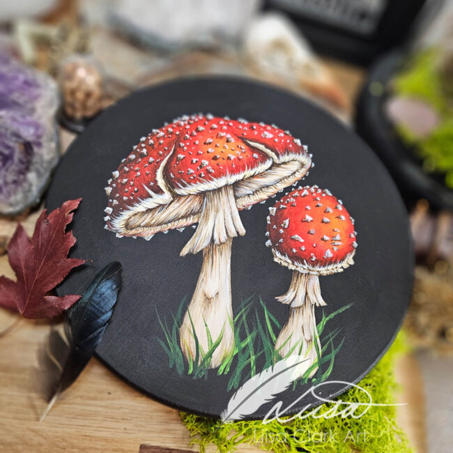 Fly Agaric Toadstool Canvas Painting on Black Wood Panel by Liisa Clark