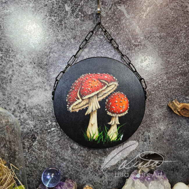 Fly Agaric Toadstool Canvas Painting on Black Wood Panel by Liisa Clark