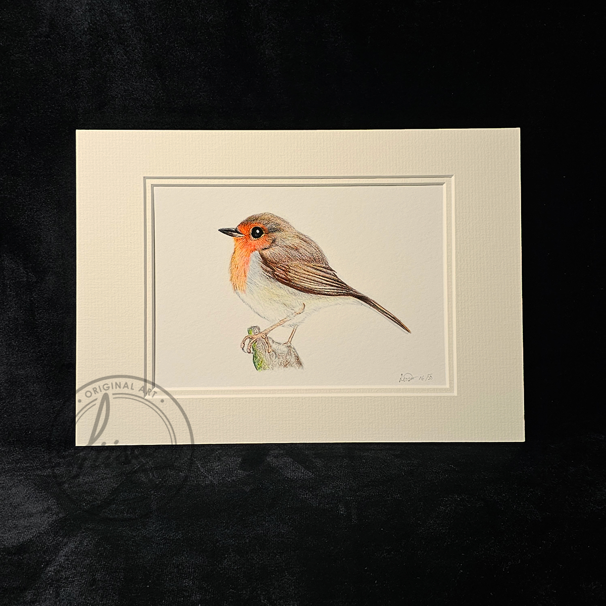 Liisa Clark Art Chubby Robin Print Set In a Double White Mount and Ready for you to frame