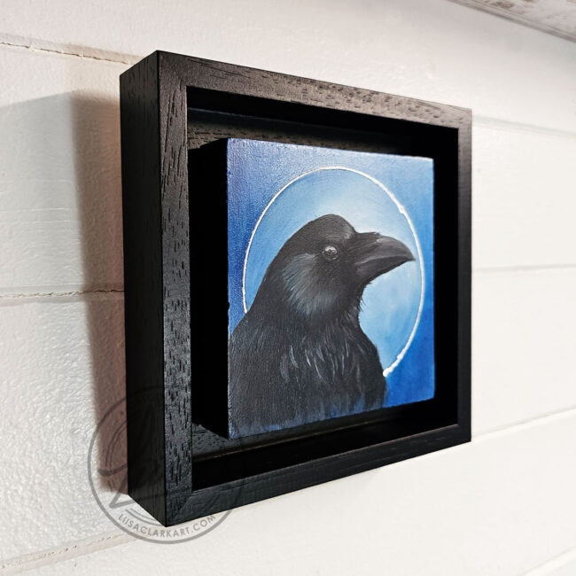 The Blue Corvidae Series by Liisa Clark Art 4 oil Painting Portraits of British Corvids on Cradled Birch Wood Panels The Crow Floating in a Black Wood Frame