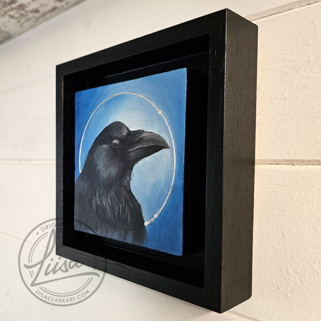 The Blue Corvidae Series by Liisa Clark Art 4 oil Painting Portraits of British Corvids on Cradled Birch Wood Panels The Crow Floating in a Black Wood Frame
