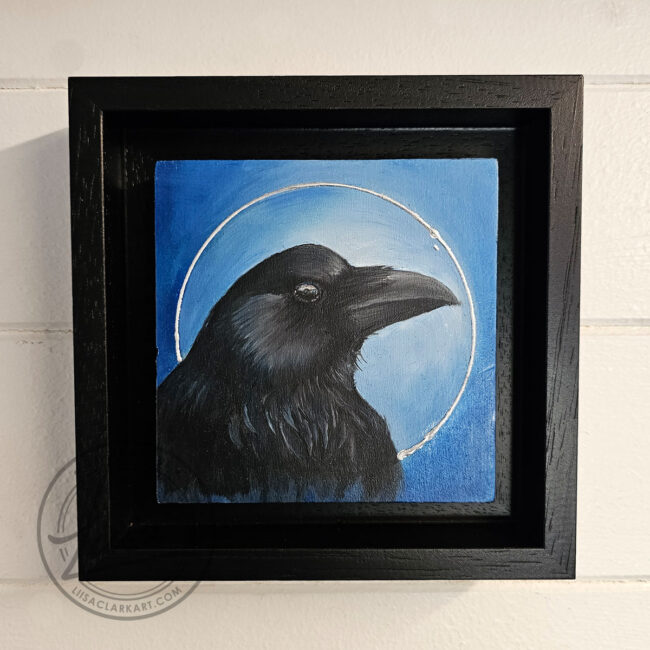 The Blue Corvidae Series by Liisa Clark Art 4 oil Painting Portraits of British Corvids on Cradled Birch Wood Panels The Crow Floating in a Black Wood Frame