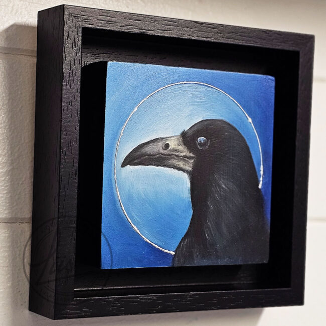The Blue Corvidae Series by Liisa Clark Art 4 oil Painting Portraits of British Corvids on Cradled Birch Wood Panels The Rook Floating in a Black Wood Frame