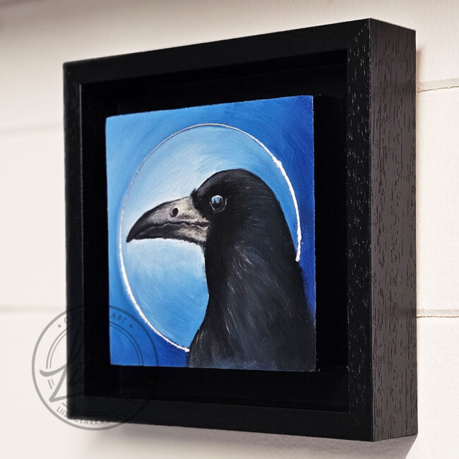 The Blue Corvidae Series by Liisa Clark Art 4 oil Painting Portraits of British Corvids on Cradled Birch Wood Panels The Rook Floating in a Black Wood Frame