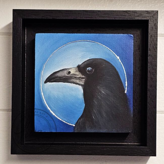 The Blue Corvidae Series by Liisa Clark Art 4 oil Painting Portraits of British Corvids on Cradled Birch Wood Panels The Rook Floating in a Black Wood Frame