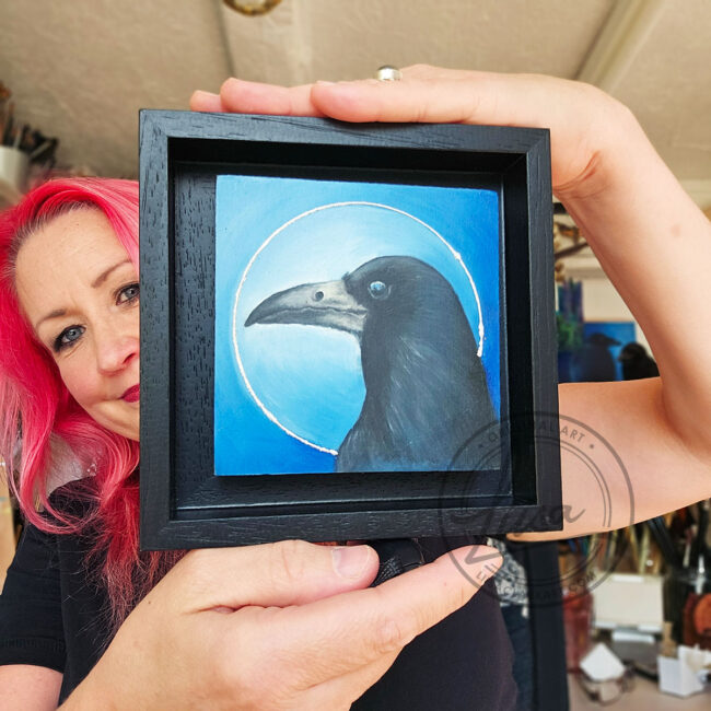 The Blue Corvidae Series by Liisa Clark Art 4 oil Painting Portraits of British Corvids on Cradled Birch Wood Panels The Rook Floating in a Black Wood Frame