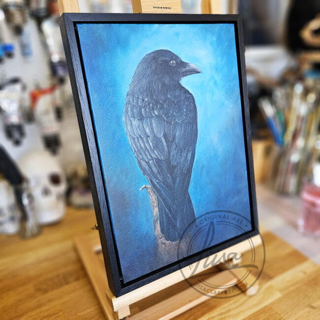 Liisa Clark Art Original Oil painting of a Crow sitting on Tree Stump set in a Contemporary Black Wood Frame titled Contemplation