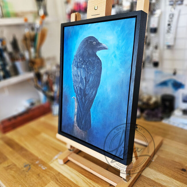 Liisa Clark Art Original Oil painting of a Crow sitting on Tree Stump set in a Contemporary Black Wood Frame titled Contemplation