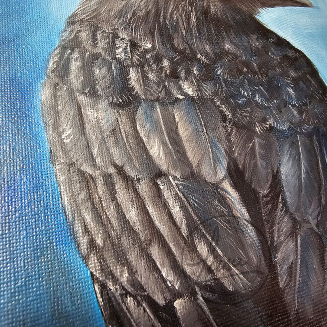 Close up showing the details of Liisa Clark Art Original Oil painting of a Crow sitting on Tree Stump set in a Contemporary Black Wood Frame titled Contemplation