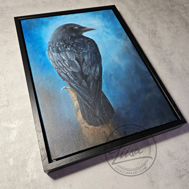 Original Oil painting of a Crow sitting on Tree Stump set in a Contemporary Black Wood Frame titled Contemplation Painted by Artist Liisa Clark