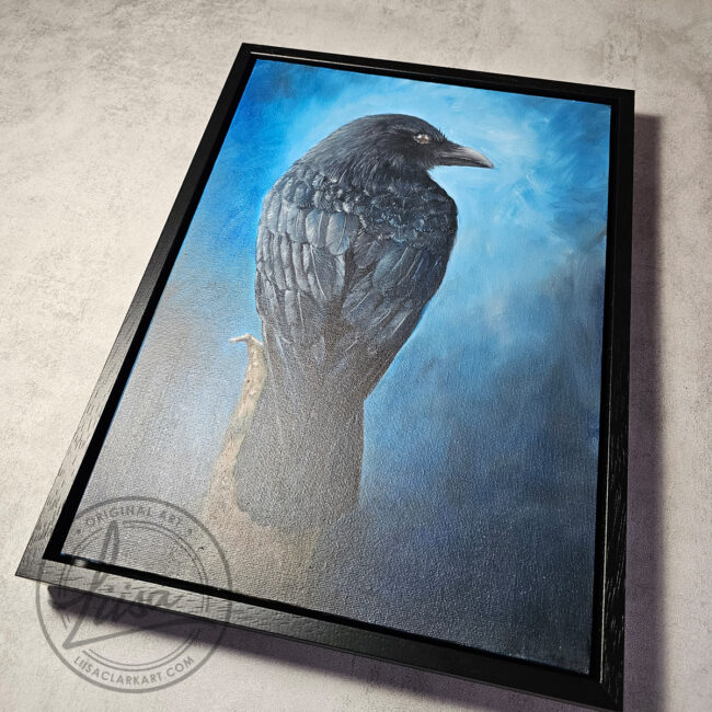 Original Oil painting of a Crow sitting on Tree Stump set in a Contemporary Black Wood Frame titled Contemplation Painted by Artist Liisa Clark