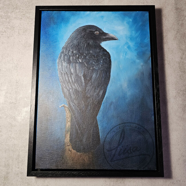 Original Oil painting of a Crow sitting on Tree Stump set in a Contemporary Black Wood Frame titled Contemplation Painted by Artist Liisa Clark