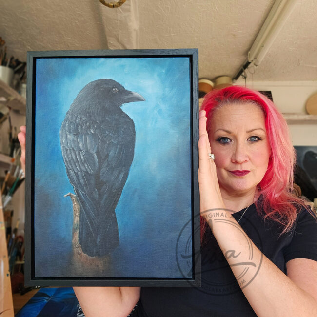Original Oil painting of a Crow sitting on Tree Stump set in a Contemporary Black Wood Frame titled Contemplation Painted by Artist Liisa Clark