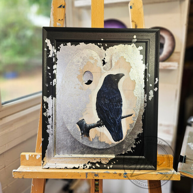Original Painting of a Crow on an Artist palette set with Silver Leaf in a Black Frame by Liisa Clark