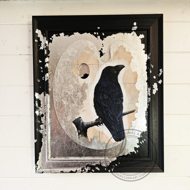 Original Painting of a Crow on an Artist palette set with Silver Leaf in a Black Frame by Liisa Clark