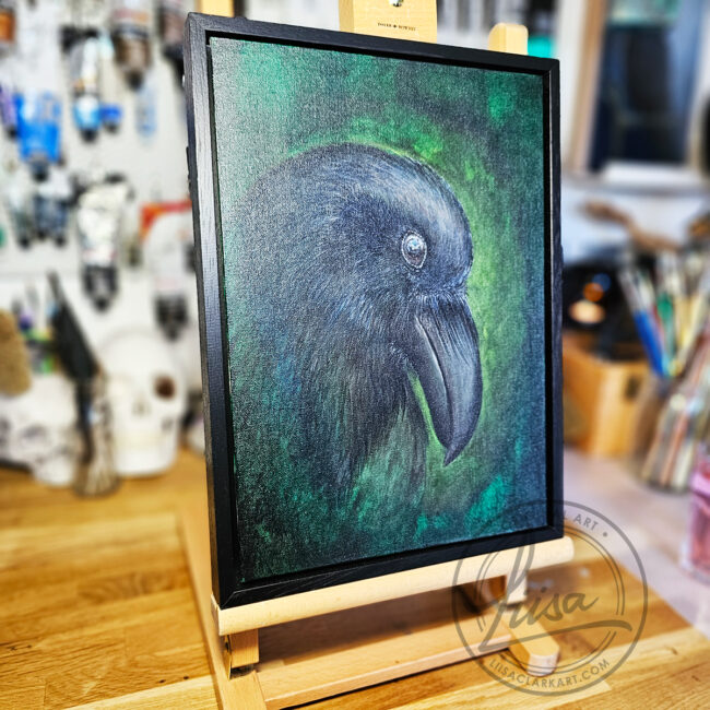 Original Painting for Art Collectors By Liisa Clark inspired by the Intent Gaze Ravens have when Studying the World. Painted on a Canvas Panel set in a Black Frame