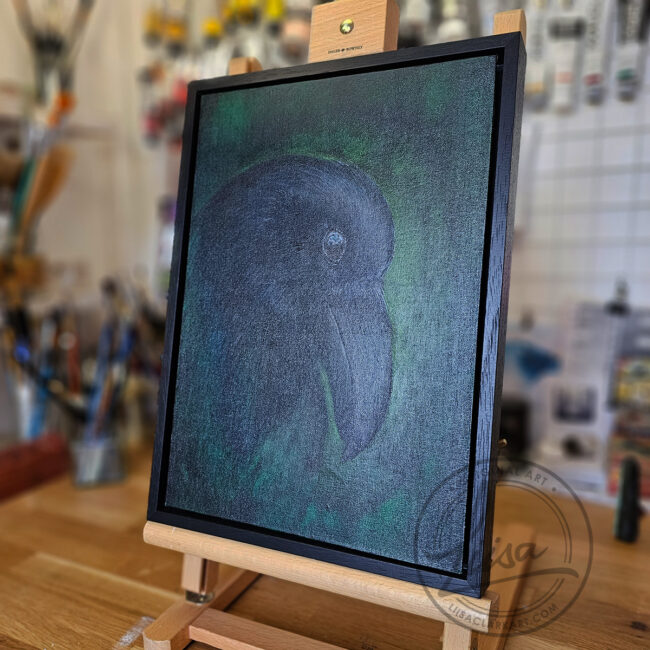 Original Painting for Art Collectors By Liisa Clark inspired by the Intent Gaze Ravens have when Studying the World. Painted on a Canvas Panel set in a Black Frame