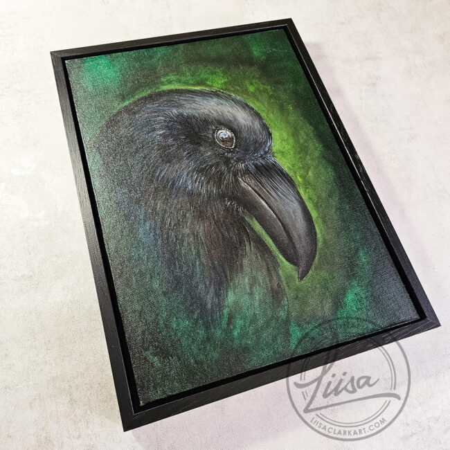 Original Painting for Art Collectors By Liisa Clark inspired by the Intent Gaze Ravens have when Studying the World. Painted on a Canvas Panel set in a Black Frame