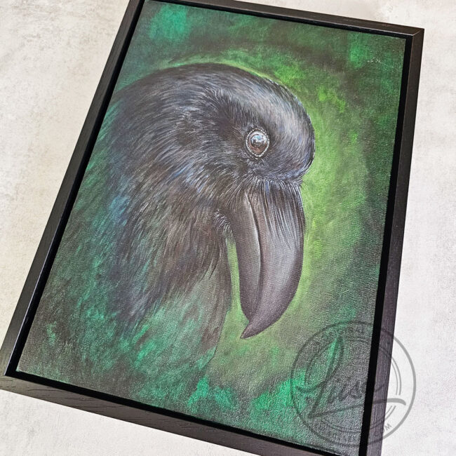 Original Painting for Art Collectors By Liisa Clark inspired by the Intent Gaze Ravens have when Studying the World. Painted on a Canvas Panel set in a Black Frame