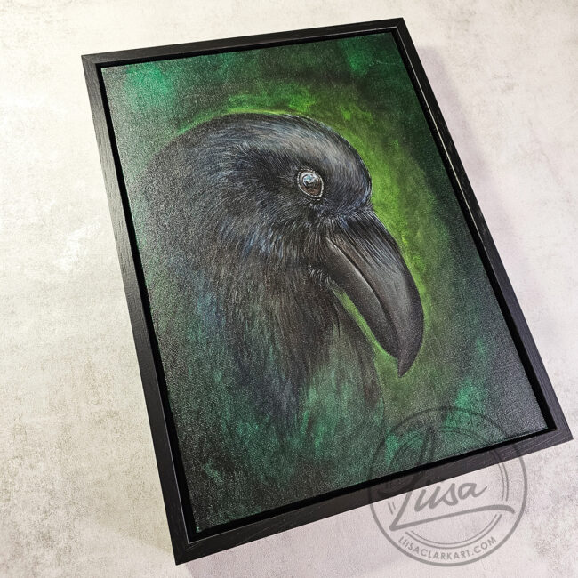 Original Painting for Art Collectors By Liisa Clark inspired by the Intent Gaze Ravens have when Studying the World. Painted on a Canvas Panel set in a Black Frame