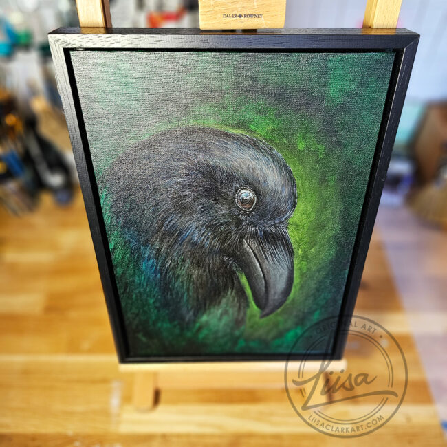 Original Painting for Art Collectors By Liisa Clark inspired by the Intent Gaze Ravens have when Studying the World. Painted on a Canvas Panel set in a Black Frame
