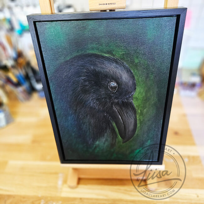 Original Painting for Art Collectors By Liisa Clark inspired by the Intent Gaze Ravens have when Studying the World. Painted on a Canvas Panel set in a Black Frame