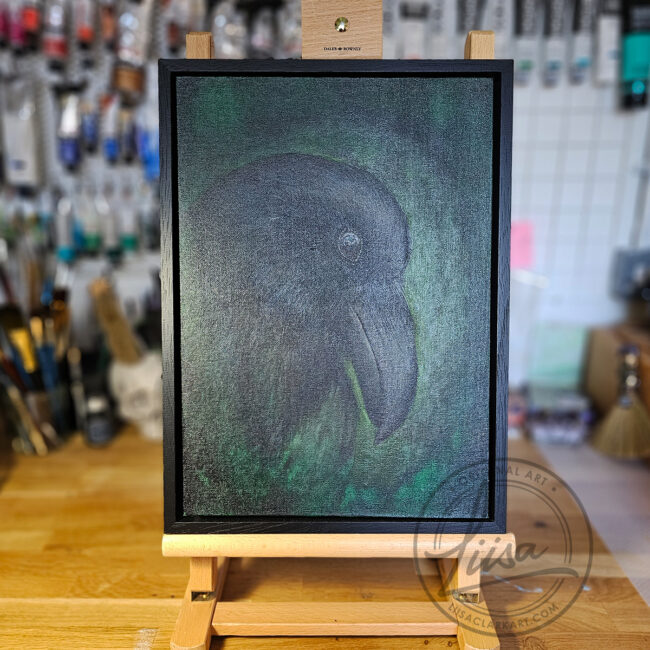 Original Painting for Art Collectors By Liisa Clark inspired by the Intent Gaze Ravens have when Studying the World. Painted on a Canvas Panel set in a Black Frame