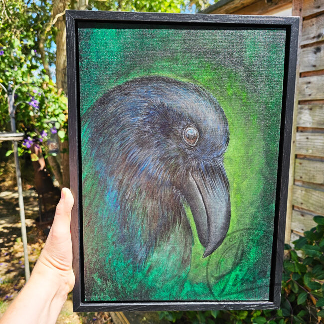 Original Painting for Art Collectors By Liisa Clark inspired by the Intent Gaze Ravens have when Studying the World. Painted on a Canvas Panel set in a Black Frame