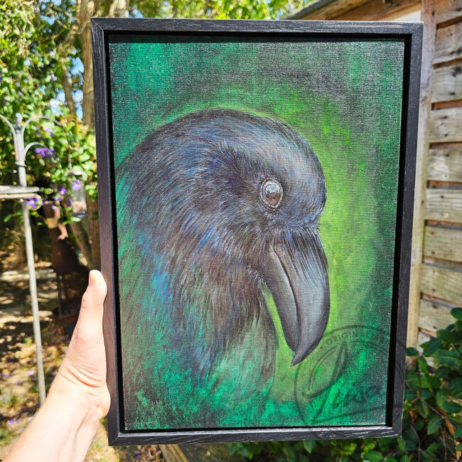 Original Painting for Art Collectors By Liisa Clark inspired by the Intent Gaze Ravens have when Studying the World. Painted on a Canvas Panel set in a Black Frame