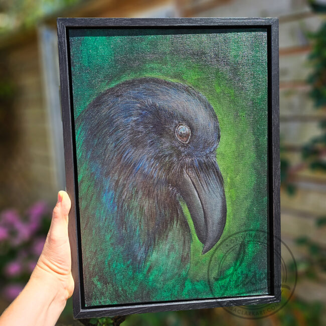 Original Painting for Art Collectors By Liisa Clark inspired by the Intent Gaze Ravens have when Studying the World. Painted on a Canvas Panel set in a Black Frame