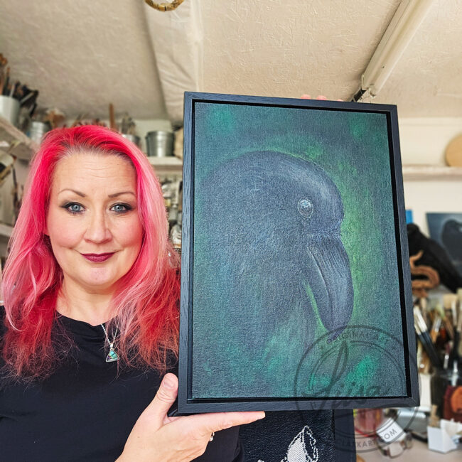 Original Painting for Art Collectors By Liisa Clark inspired by the Intent Gaze Ravens have when Studying the World. Painted on a Canvas Panel set in a Black Frame
