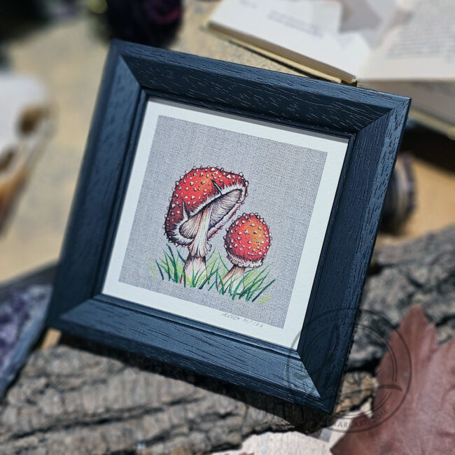 Limited Edition Giclee Art Print of a Pair of Fly Agaric Toadstools Painted on a Linen Panel Set in a Black Contemporary Frame by Liisa Clark