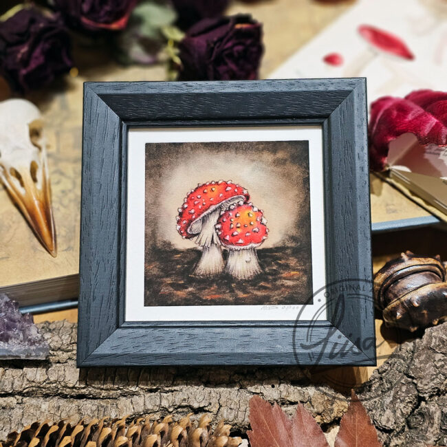 Limited Edition Giclee Art Print of a Pair of Fly Agaric Toadstools On Velour Pastel Paper Set in a Black Contemporary Frame by Liisa Clark
