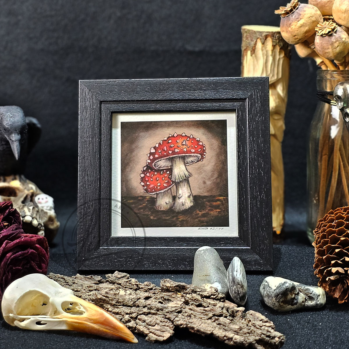 Limited Edition Giclee Art Print of a Pair of Fly Agaric Toadstools Originally On Velour Pastel Paper Set in a Black Contemporary Frame by Liisa Clark