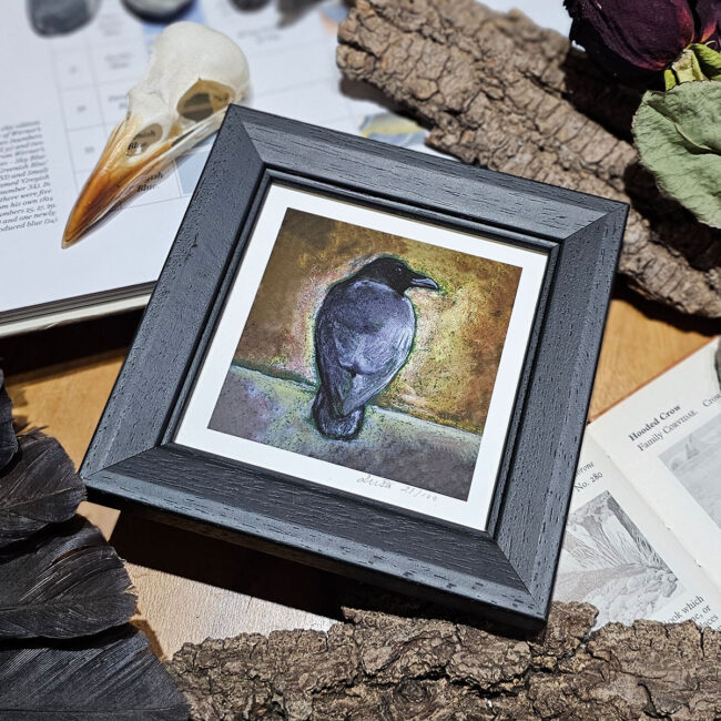 Warm Pastel Raven Limited Edition Giclee Print set in a Contemporary Black Frame by Liisa Clark