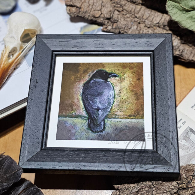 Warm Pastel Raven Limited Edition Giclee Print set in a Contemporary Black Frame by Liisa Clark