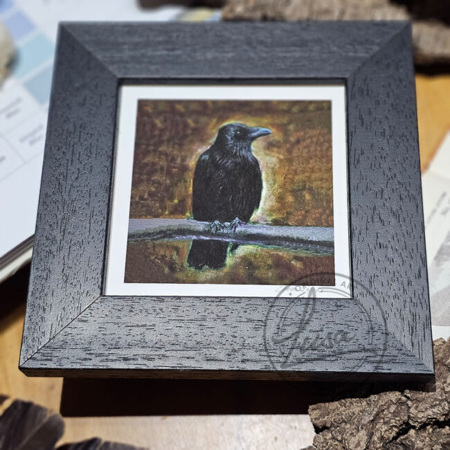 Warm Pastel Crow Limited Edition Giclee Print set in a Contemporary Black Frame by Liisa Clark