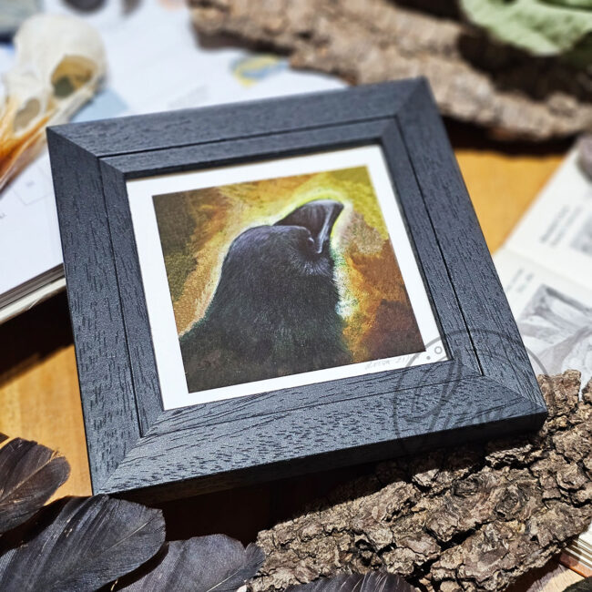 Warm Pastel Crow Limited Edition Giclee Print set in a Contemporary Black Frame by Liisa Clark