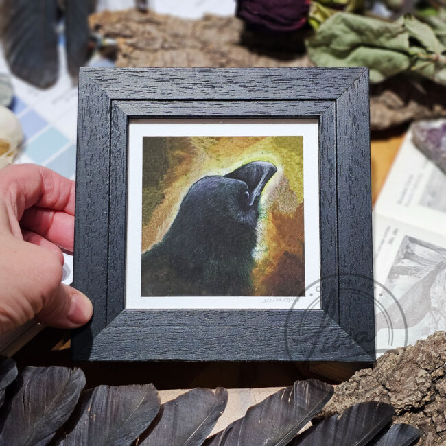 Warm Pastel Crow Limited Edition Giclee Print set in a Contemporary Black Frame by Liisa Clark
