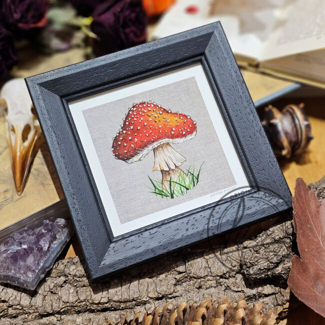 Limited Edition Giclee Art Print of a Fly Agaric Toadstool Painted on a Linen Panel Set in a Black Contemporary Frame by Liisa Clark