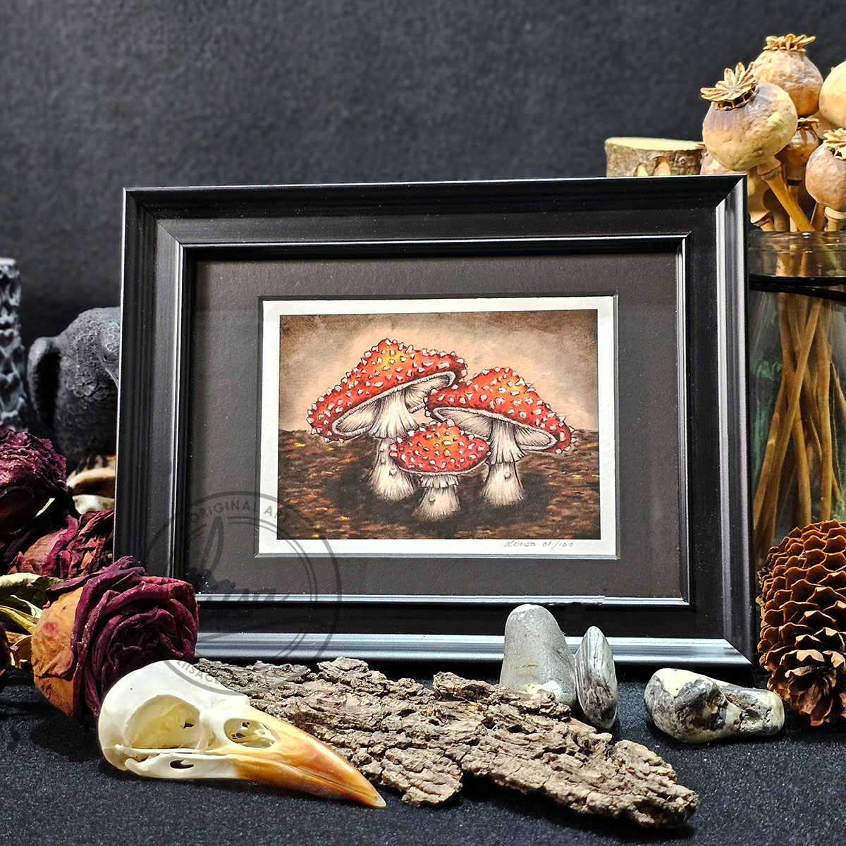 Limited Edition Giclee Art Print of a Family of Fly Agaric Toadstools On Velour Pastel Paper Set in a Black Contemporary Frame by Liisa Clark