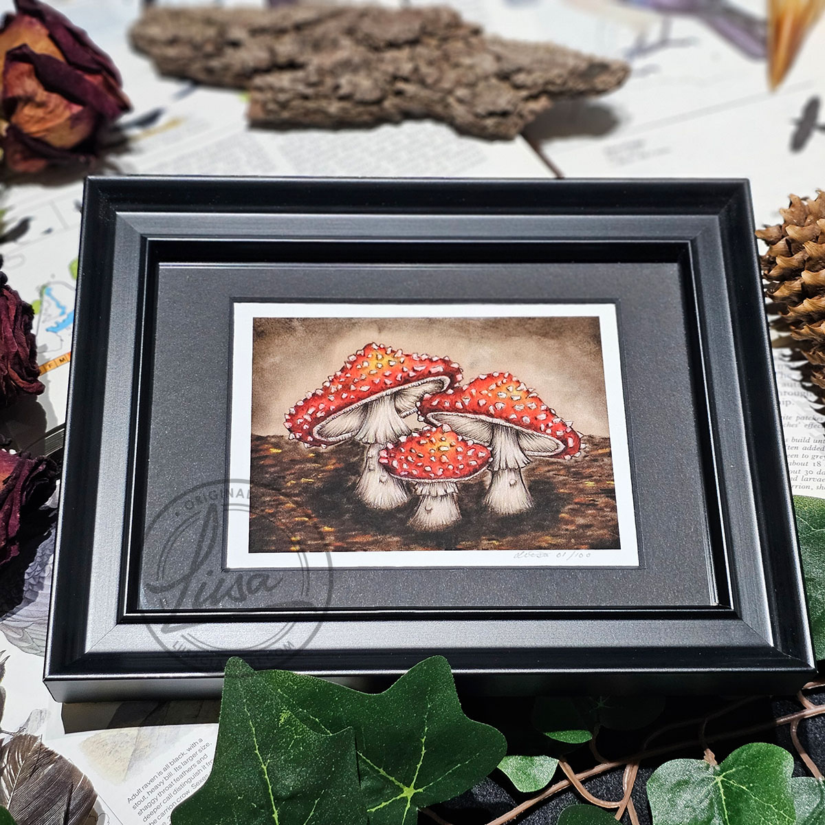 Limited Edition Giclee Art Print of a Family of Fly Agaric Toadstools On Velour Pastel Paper Set in a Black Contemporary Frame by Liisa Clark
