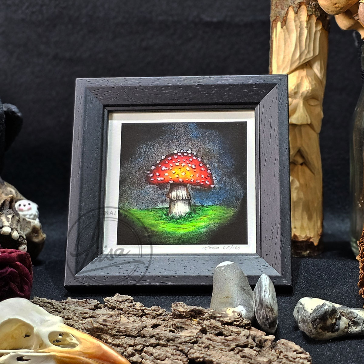 10x10cm Giclee Print Bright Toadstool in the dark in a Black Frame By Liisa Clark