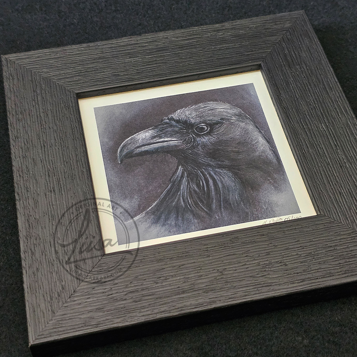 Raven Portrait in Muted Grey Tones in Pastels by Liisa Clark Fine Art Print Set in a Contemporary Black Frame